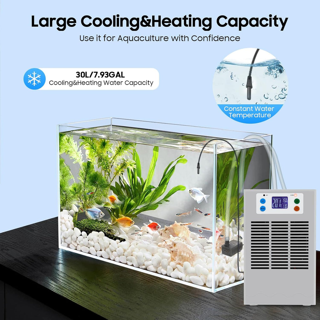 30L/7.93Gal Aquarium Water Chiller, 100W DC 12V Aquarium Chiller, Quiet Design Fish Tank Cooler, 10-40°C Temperature Control, Fish Tank Cooling Heating Machine for Fish Tank Axolotl Coral Reef Tank