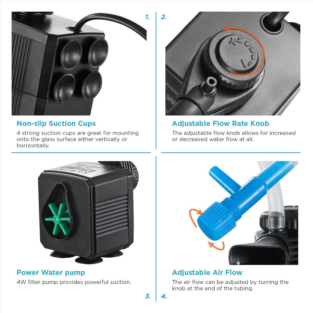 Internal Fish Tank Filter, 4W Adjustable Water Flow Submersible Aquarium Filter Pump for 10~20 Gallon Freshwater or 10~15 Gallon Saltwater, 2 Mode Aeration & Rainfall, TE-200(65GPH)