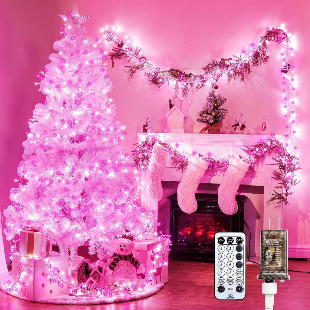 Minetom Pink White Christmas String Lights, 25Ft 500 LED Outdoor Cluster String Lights, Waterproof LED Twinkle Light for Bedroom Patio Tapestry Backyard Garden Party Indoor, White Wire