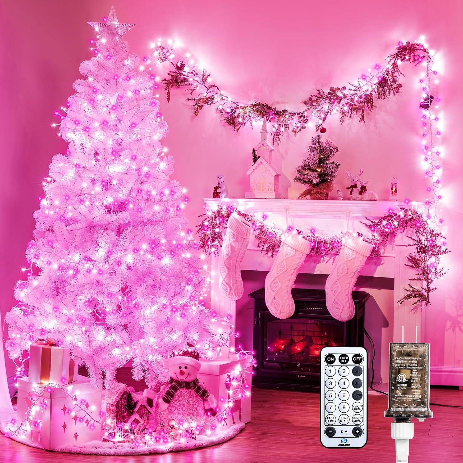 Minetom Pink White Christmas String Lights, 25Ft 500 LED Outdoor Cluster String Lights, Waterproof LED Twinkle Light for Bedroom Patio Tapestry Backyard Garden Party Indoor, White Wire