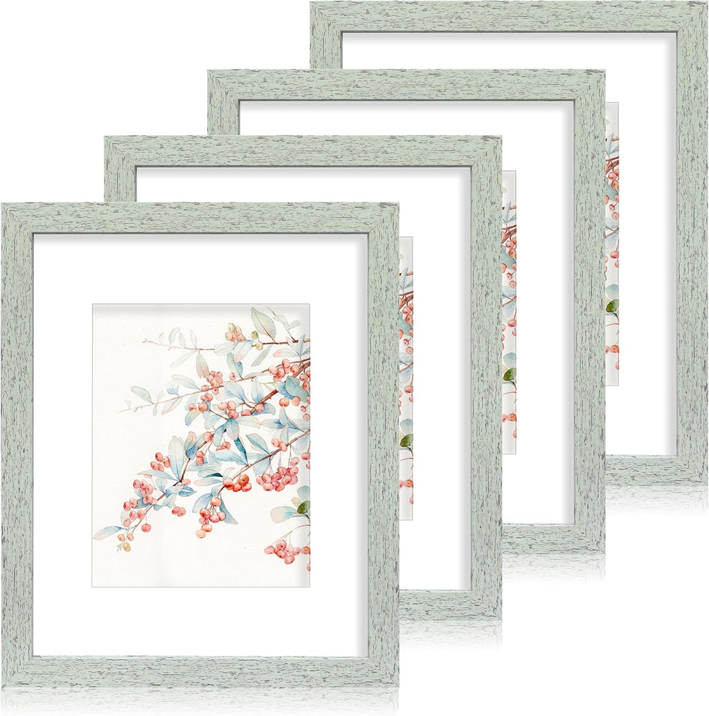 11x14 Picture Frame Set of 4, Made of Real Glass and Sage Green Wooden Frame, Display 8x10 Pictures with Mat or 11 x 14 Posters without Mat for Wall Mounting, Gallery Photo Frames