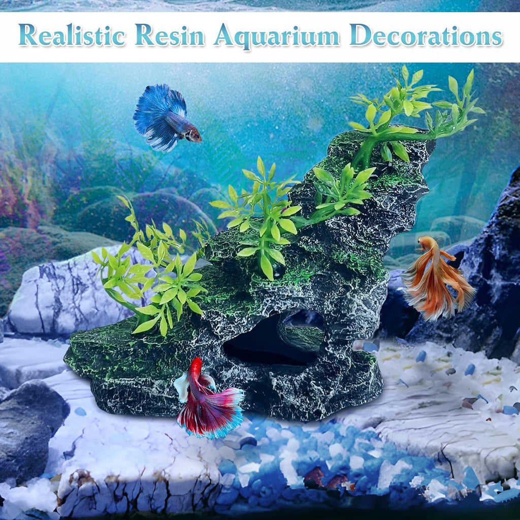 kathson Aquarium Mountain View Stone Resin Fish Tank Decorations Betta Hideout Caves Rockery Landscape Tree Aquarium Decorations Rock Hiding Cave Decor for Small Fish Shrimp Play Ornament
