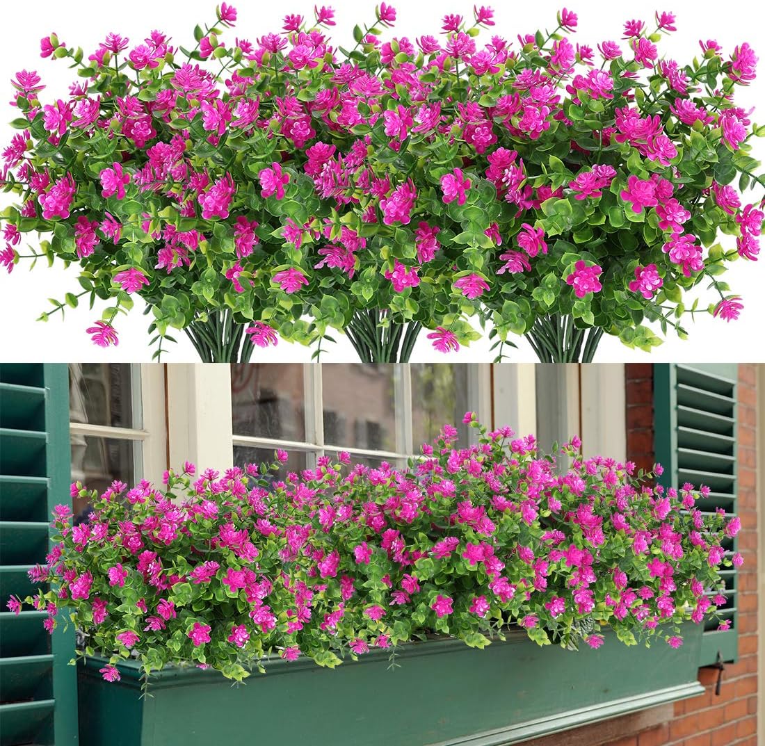 8 Bundles Artificial Flowers, Fake Artificial Greenery UV Resistant No Fade Faux Plastic Plants for Wedding Bridle Bouquet Indoor Outdoor Home Garden Kitchen Office Table Vase (Fuchsia)