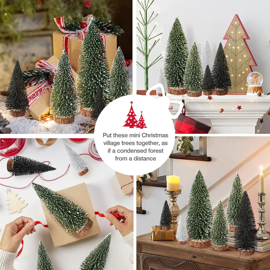 9Pcs Mini Christmas Trees Christmas Decor Artificial Christmas Decorations with 4 Sizes, Christmas Tree Bottle Brush Trees Christmas Table Decorations (Green Silver Black)