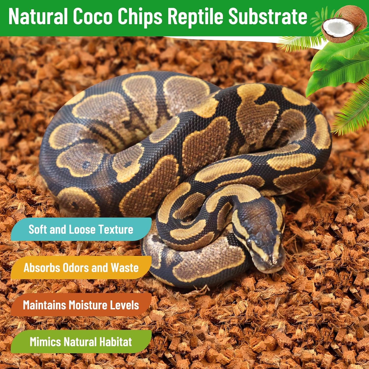 Riare 4 Pack Natural Coconut Chip Substrate for Reptiles- Compressed Coconut Husk Reptiles Bedding, Coco Husk Chip Terrarium Substrate for Snakes, Tortoises, Ball Python, Frogs, Bearded Dragon, Lizard