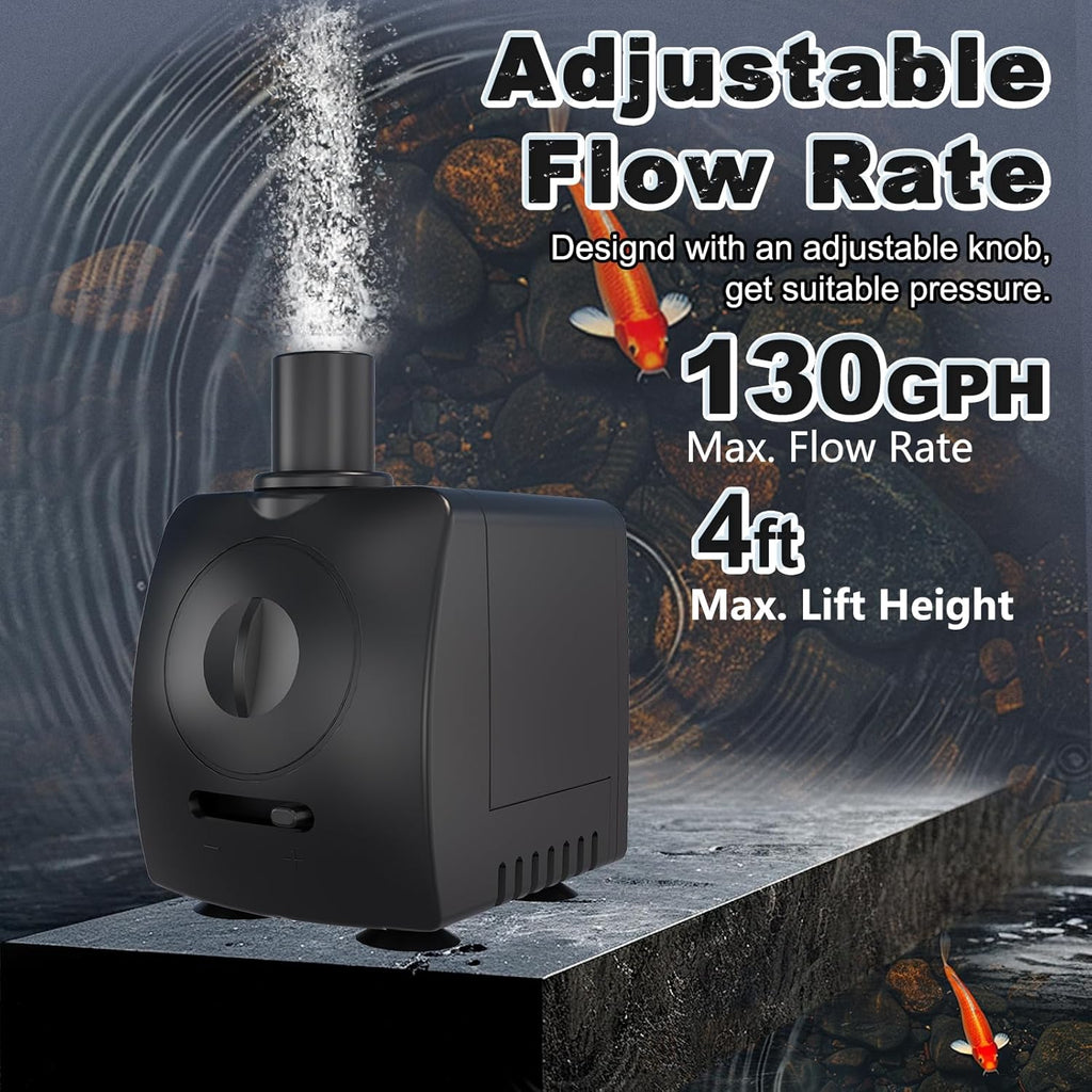 Submersible Pump 130GPH Ultra Quiet 4ft High Lift for Fountains, Hydroponics, Ponds, Aquariums & More…
