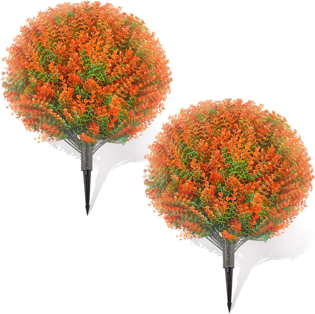 Artificial Boxwood Topiary Ball Trees: 2 Pack Fake Shrubs with Spike – UV Resistant & Fade Resistant, Faux Plant for Indoor Outside Front Porch Garden Thanksgiving Christmas Tree Decor 25.6"