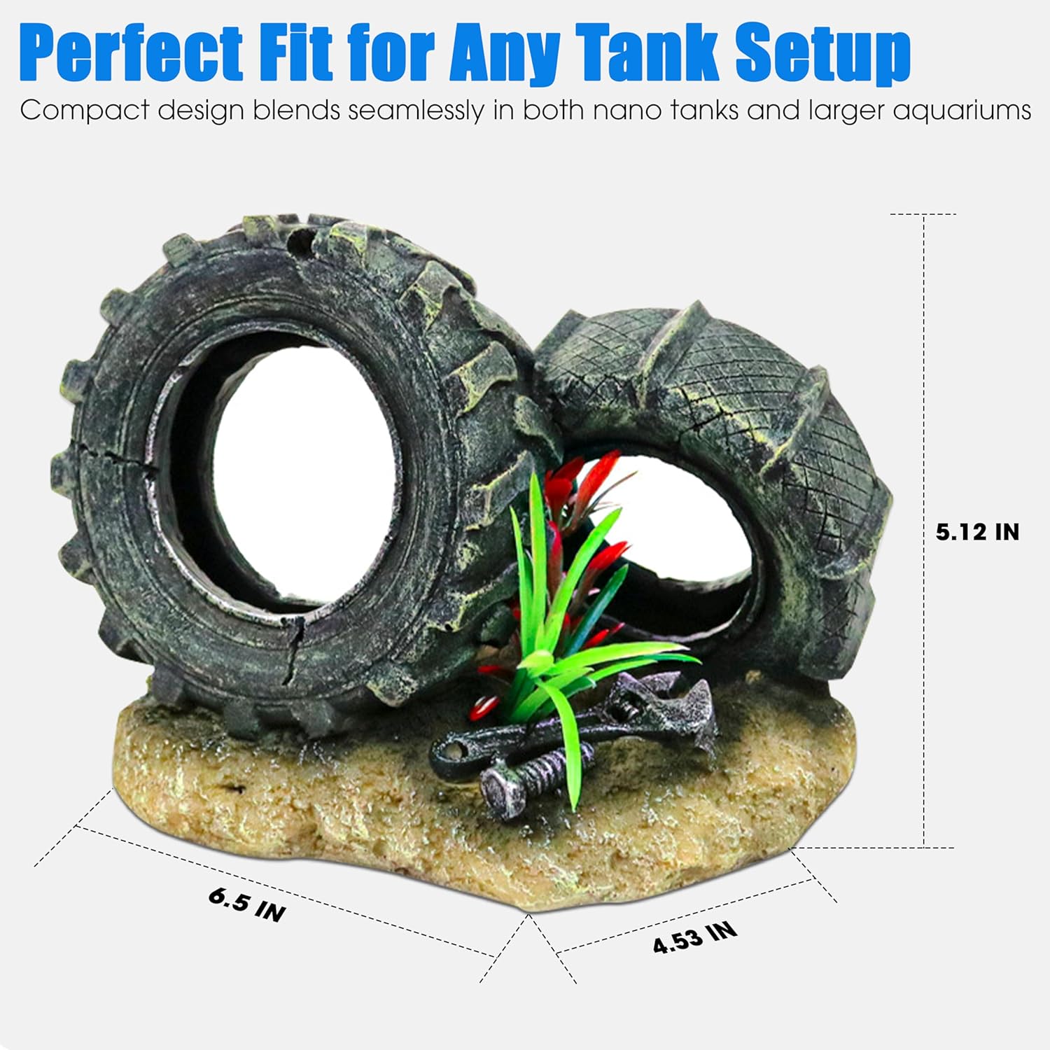 Aquarium Resin Decorations, Tree House Ornament-Tire Scene, Aquarium Decor for Glofish, Betta Accessories, Turtle Hideouts, Aquarium Plants, Ornaments & Fish Tank Accessories (Tire landscape)