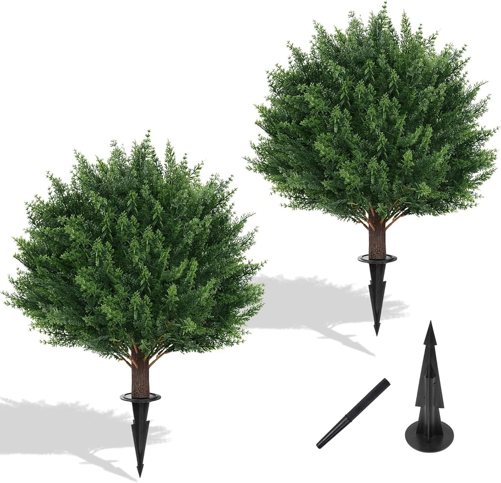 Artificial Set of 2 Cedar Topiary Ball Trees 23" for Outdoors with Ground Spike, UV Resistant Faux Cypress Plants, Evergreen Shrubs Bushes for Front Porch Garden Backyard Decor