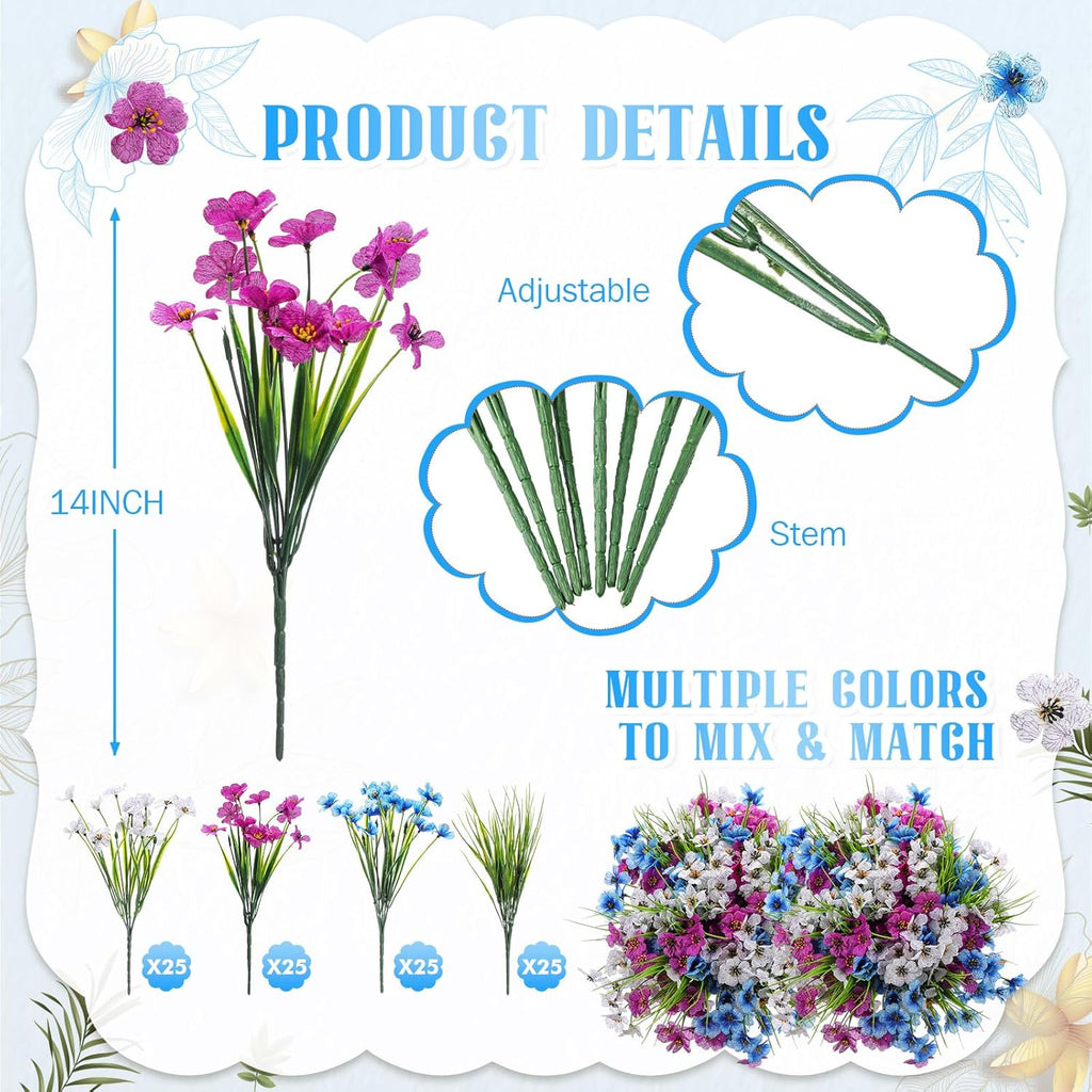 Lyrow 100 Bundles Violet Artificial Flowers, UV Resistant Faux Silk Flowers Outdoor, Fake Violet Bulk for Front Porch Hanging Garden Courtyard Farmhouse Home (Dark Purple, Dark Blue, White with Grass)