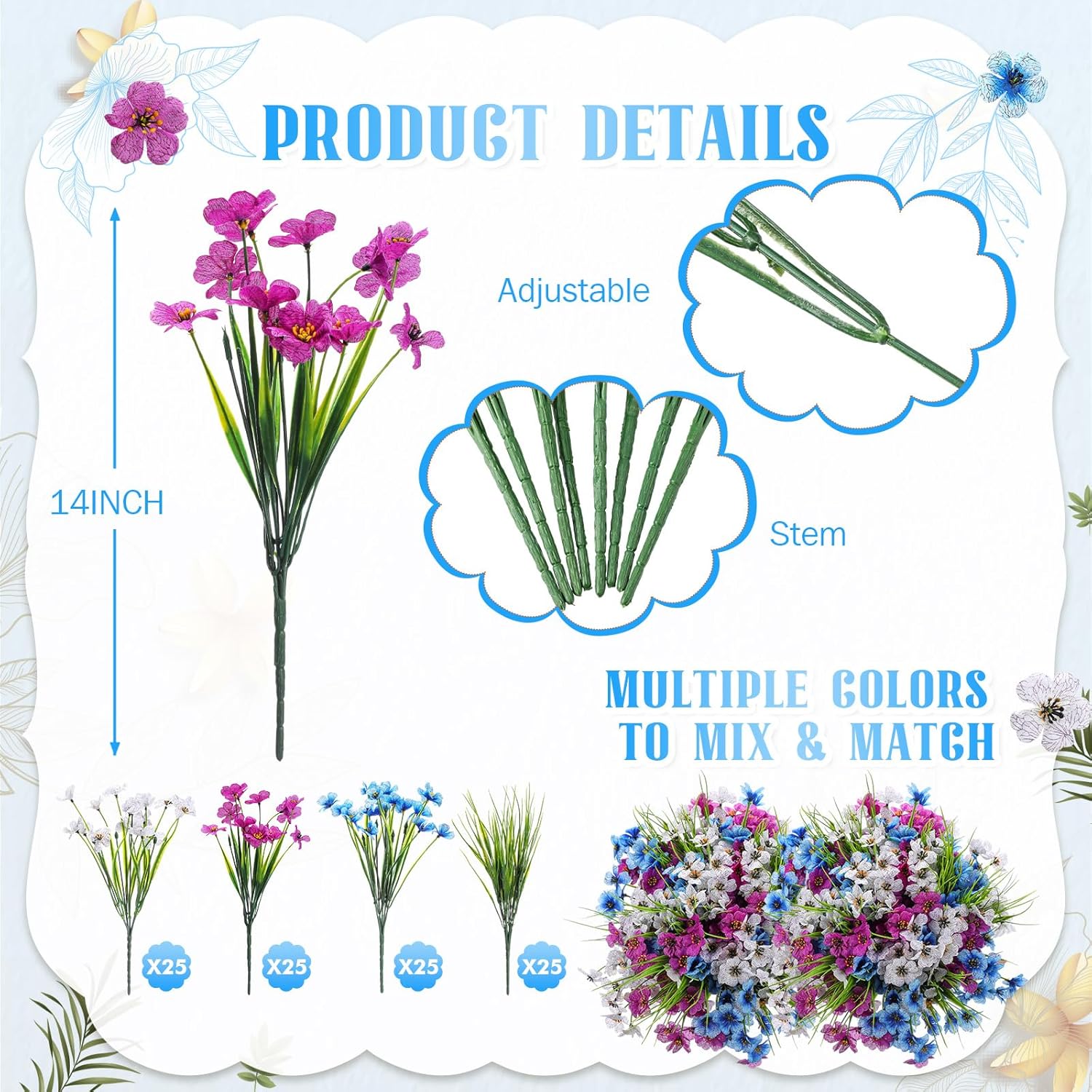Lyrow 100 Bundles Violet Artificial Flowers, UV Resistant Faux Silk Flowers Outdoor, Fake Violet Bulk for Front Porch Hanging Garden Courtyard Farmhouse Home (Dark Purple, Dark Blue, White with Grass)