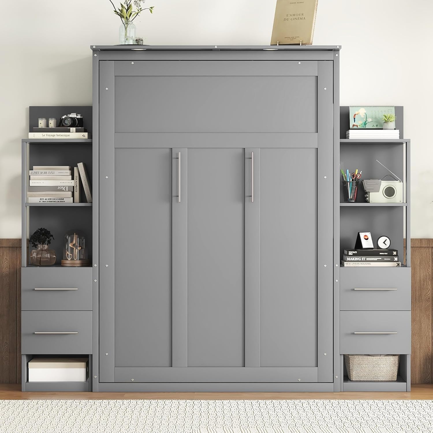 MERITLINE Full Murphy Bed with Storage Drawers,LED Lights and Storage Bookcase Shelves,Wood Murphy Wall Bed Cabinet for Adults