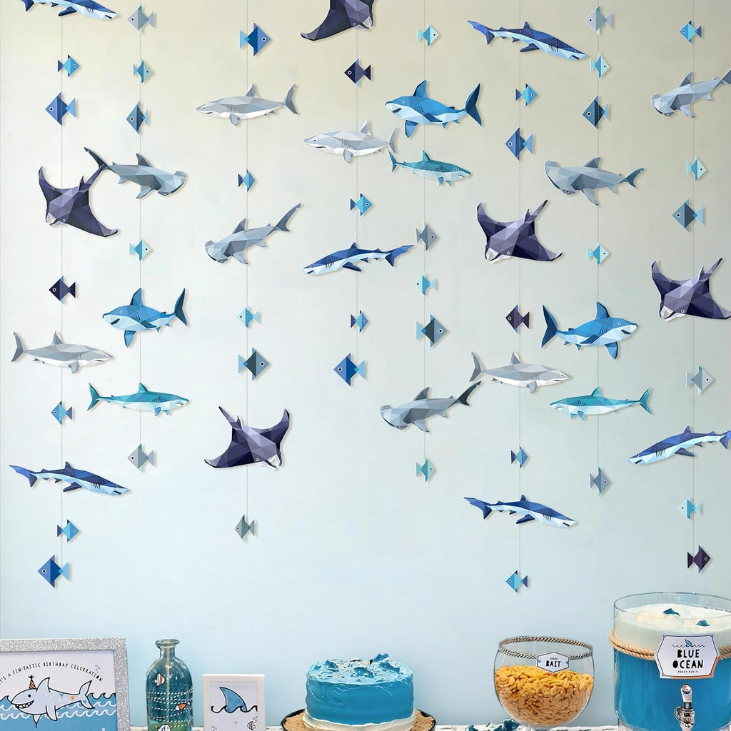 Cheerland Shark Birthday Party Decorations Hanging Shark Garland Decor Theme Backdrop Banner for Under The Sea Geometric Blue Ocean Nautical Pool Party Summer Halloween Streamers Decor Supplies