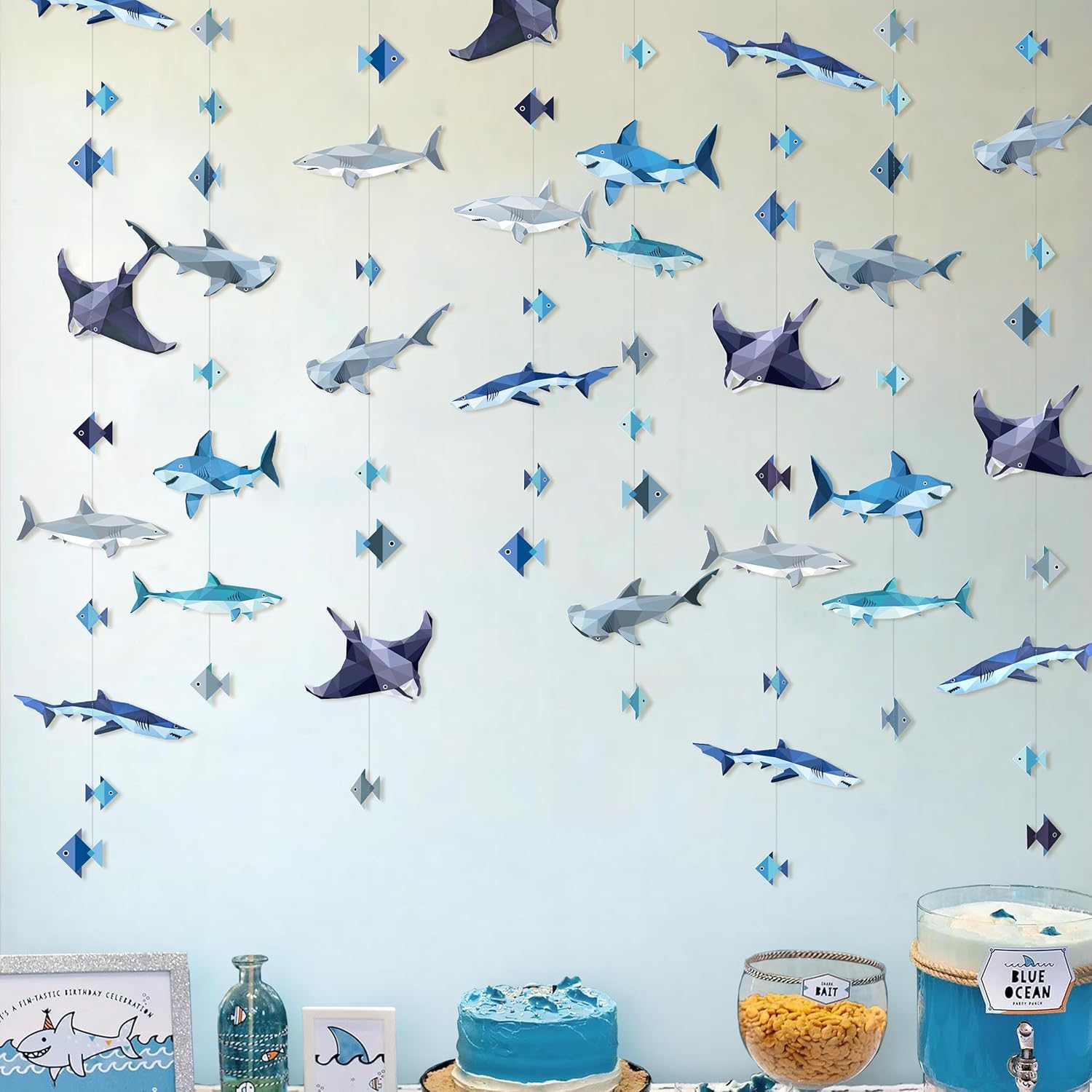 Cheerland Shark Birthday Party Decorations Hanging Shark Garland Decor Theme Backdrop Banner for Under The Sea Geometric Blue Ocean Nautical Pool Party Summer Halloween Streamers Decor Supplies