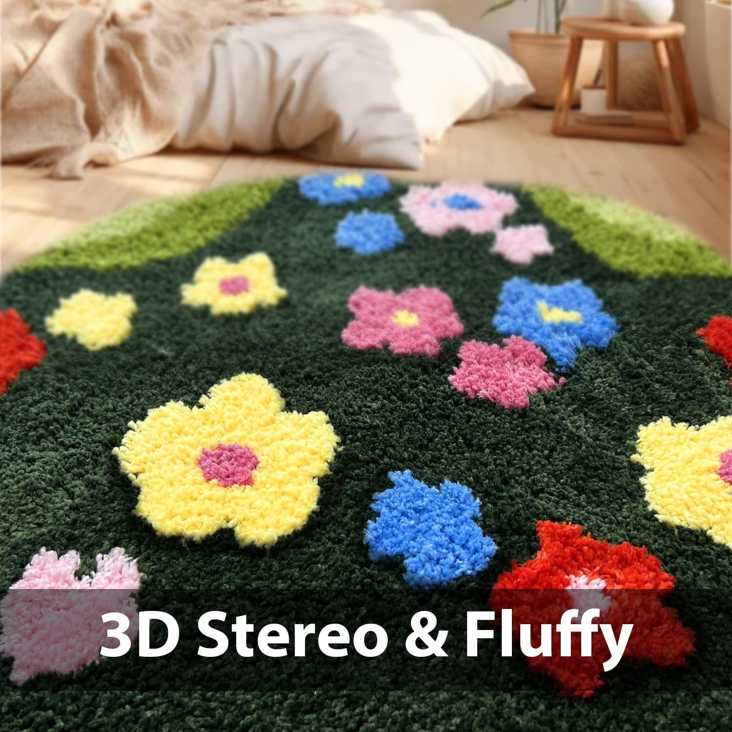 Aesthetic 3D Moss Rug, Super Absorbent Non-Slip Microfiber Grass Mat for Playroom, Irregular Shaped Green Carpet for Forest Bath Mat, Circle Cute Tufted Area Rug Trendy Rugs for Bedroom 48 x 24 in