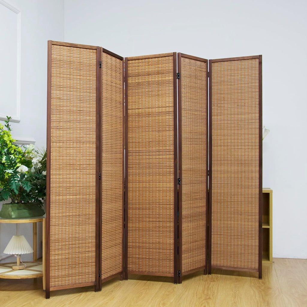 5 Panel Room Divider Screen,5.6 FT Tall Bamboo Divider Folding Privacy Screen,Freestanding Room Divider for Room Seperation,Brown