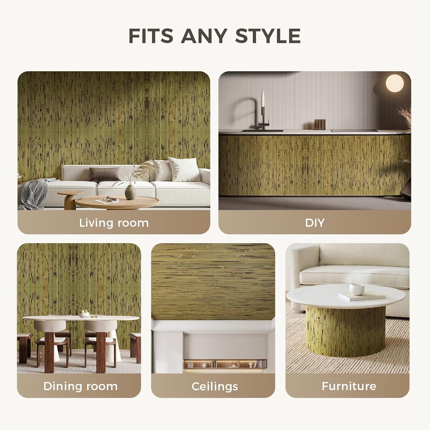 OUZUGIE 1 Pack 96x48 Inch Natural Bamboo Wall Panel – Green Burned Pole Wrap Paneling for Walls, Ceilings, Cabinets, Furniture – Ideal for Bedroom, Living Room & Office DIY Decor