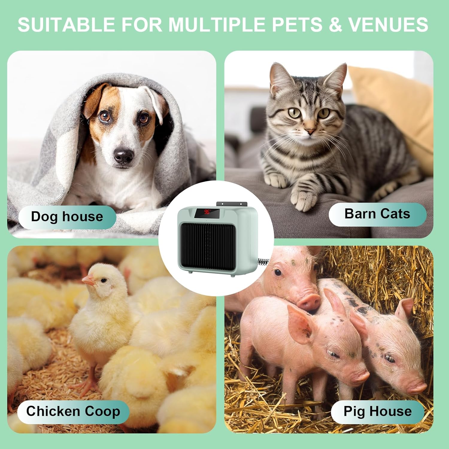 Dog House Heater for Outdoor & Indoor Use - 600W/300W Safe & Efficient Heating for Pet Houses, Chicken Coops, Rabbit Hutches - Wall-Mounted Design with Overheat Protection & Anti-Chew Cord (grey)