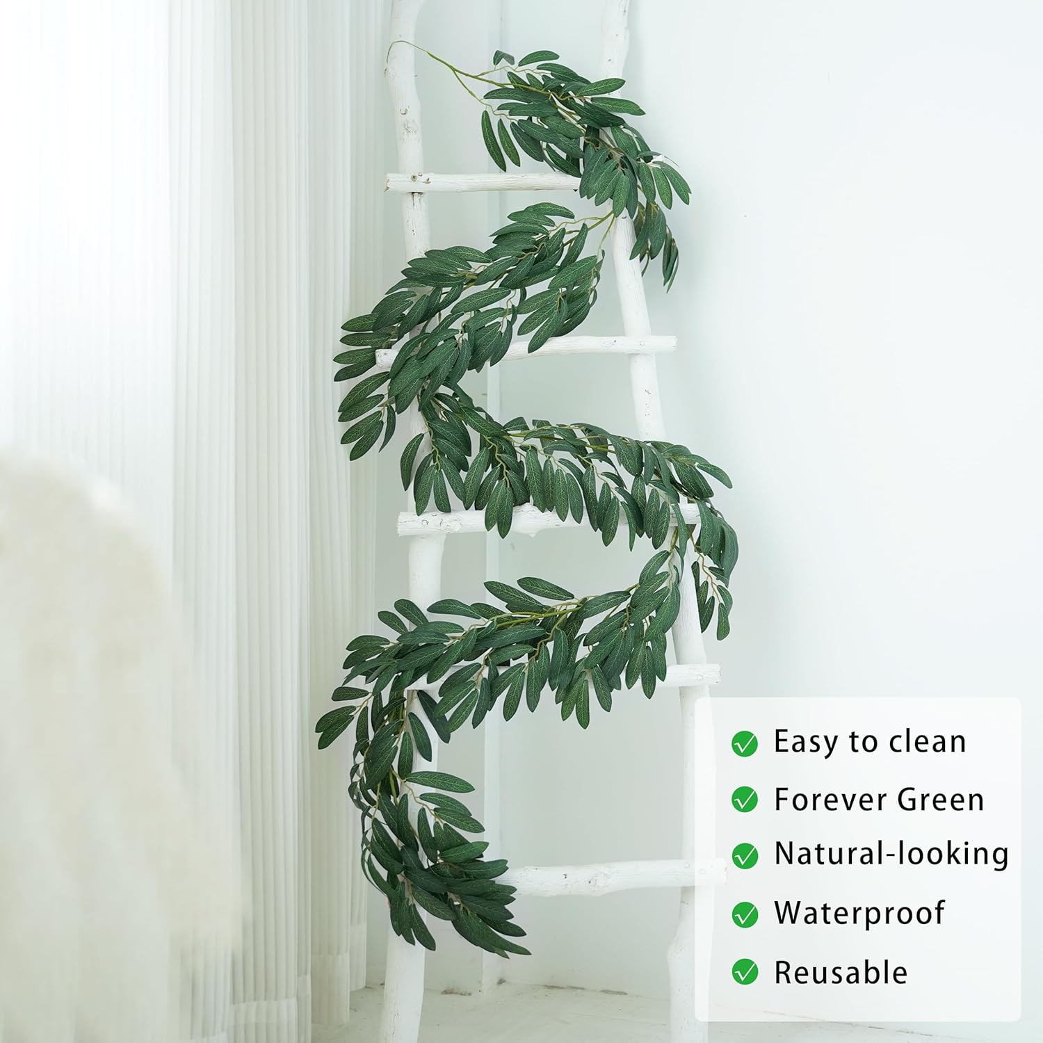 3 Strands Odorless Artificial Olive Leaf Vines, 73'' Silk Ivy Vine Garland with Green Leaves, Fake Hanging Plants Greenery Decor for Home, Bedroom, Wall, Party, Wedding Decoration.