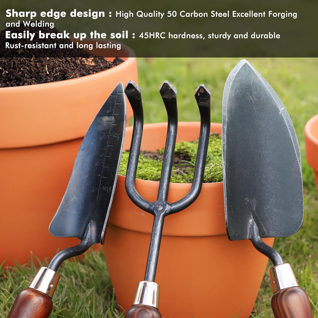 RESTMO 3-in-1 Heavy Duty Gardening Tools Kit, Premium Carbon Steel Garden Tools with Ergonomic Wooden Handle Includes Trowel, Transplanter, and Cultivator, Ideal Gardening Gifts for Women, Gardener