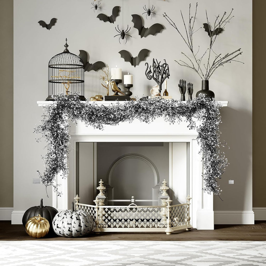 RECUTMS Black Garland Artificial Hanging Plants 2Pcs 5.6Ft Black Fake Garland Plant Greenery Faux Ferns Leaves Ivy Wreath for Halloween Thanksgiving Party Outdoor Indoor Garden Decor(Black White)