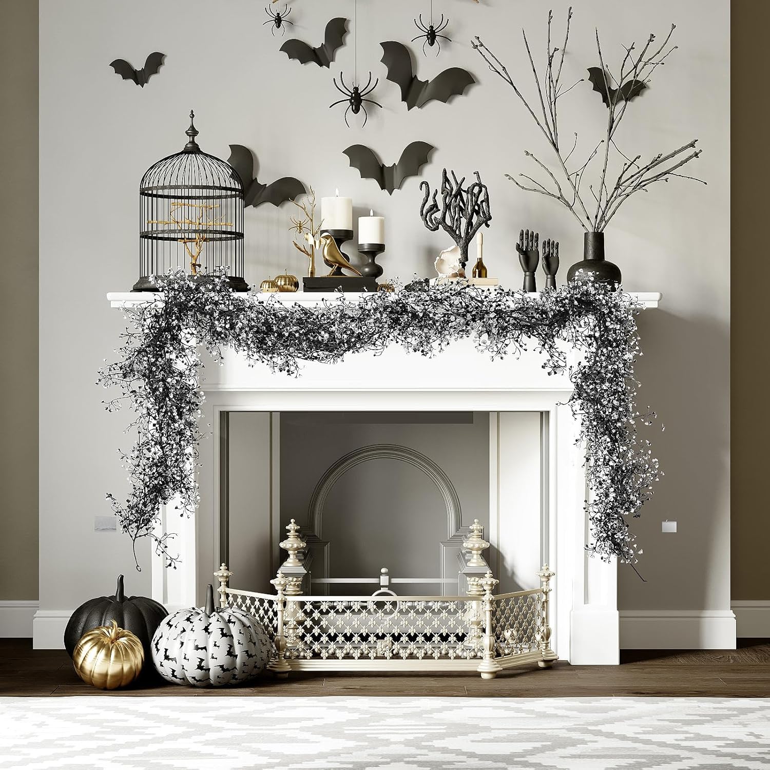 RECUTMS Black Garland Artificial Hanging Plants 2Pcs 5.6Ft Black Fake Garland Plant Greenery Faux Ferns Leaves Ivy Wreath for Halloween Thanksgiving Party Outdoor Indoor Garden Decor(Black White)