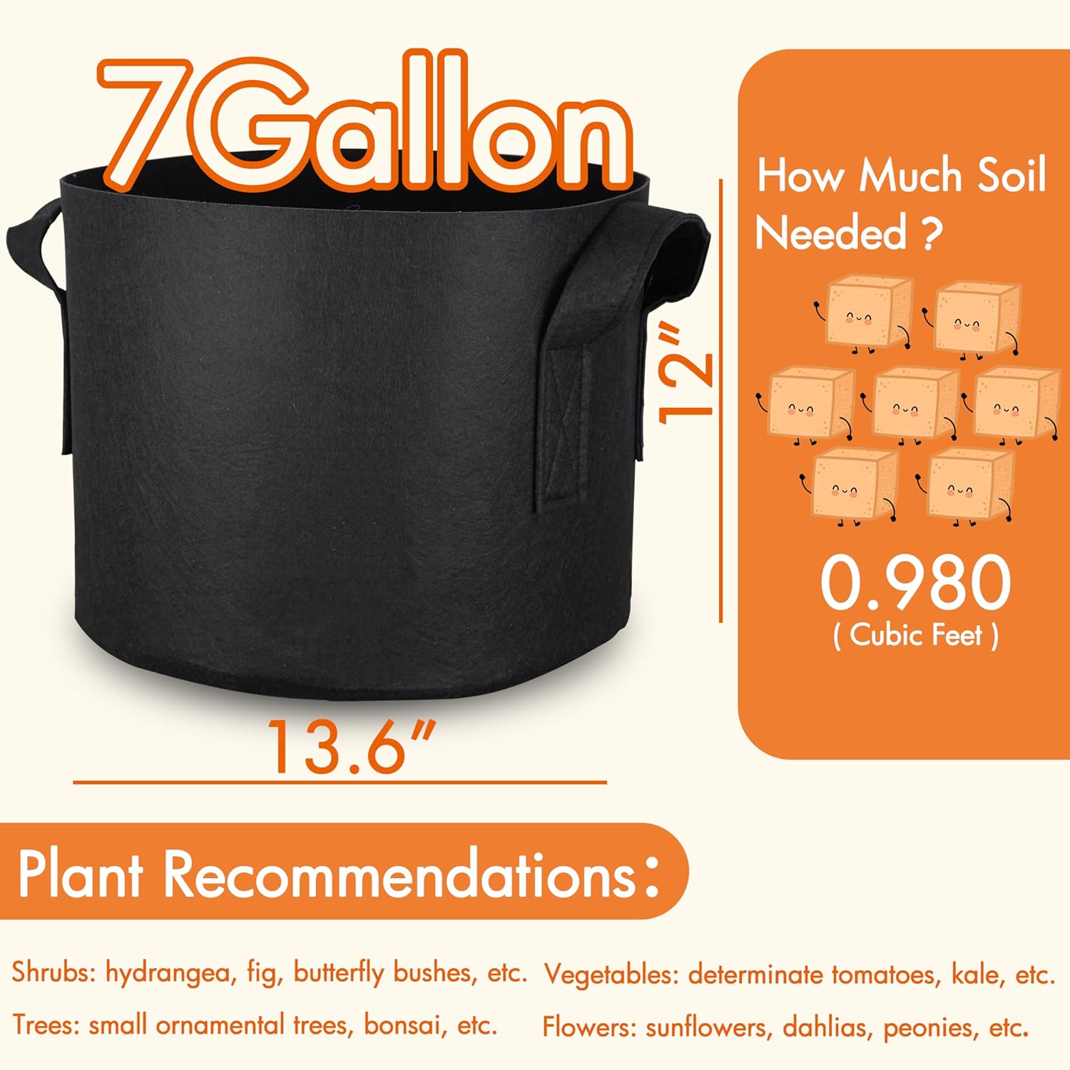 Gardzen 6-Pack 7 Gallon Grow Bags, 500G Thickened Aeration Fabric Pots with Handles, Heavy Duty Cloth Pots for Plants