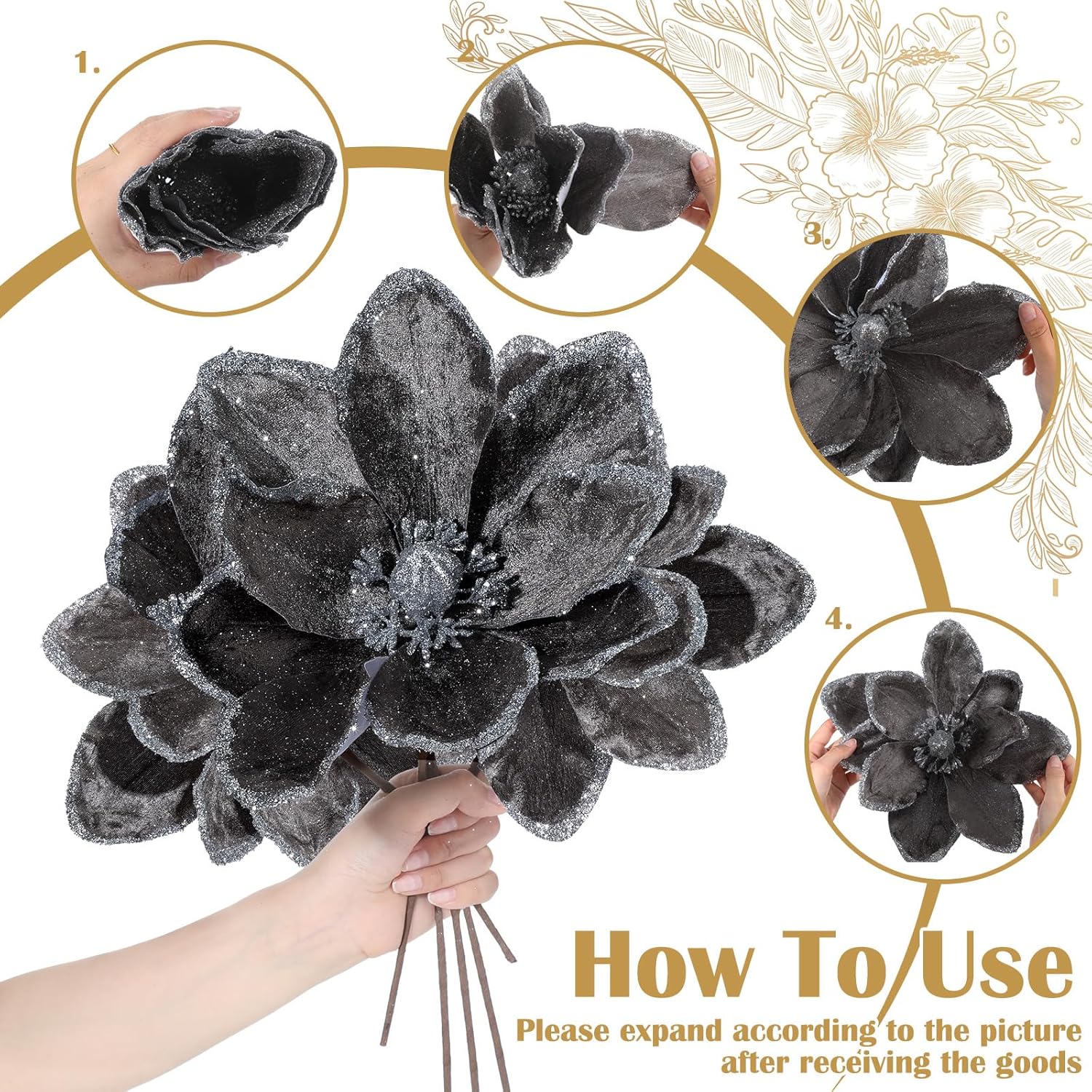 8 Pcs Large Christmas Flower Magnolia Flowers Christmas Tree Decoration Artificial Poinsettia Stems Velvet Xmas Ornaments for Xmas Tree Table Decor(Gery,12 Inch)