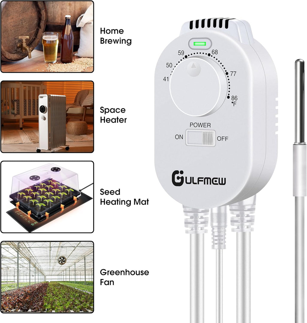 2 Pcs Thermostat Outlet for Heater, Temperature Controller Outlet with 4.9FT Power Cord, Heating and Cooling Thermostat Outlet with Temperature Probe for Space Heater, Greenhouse Fan (White)
