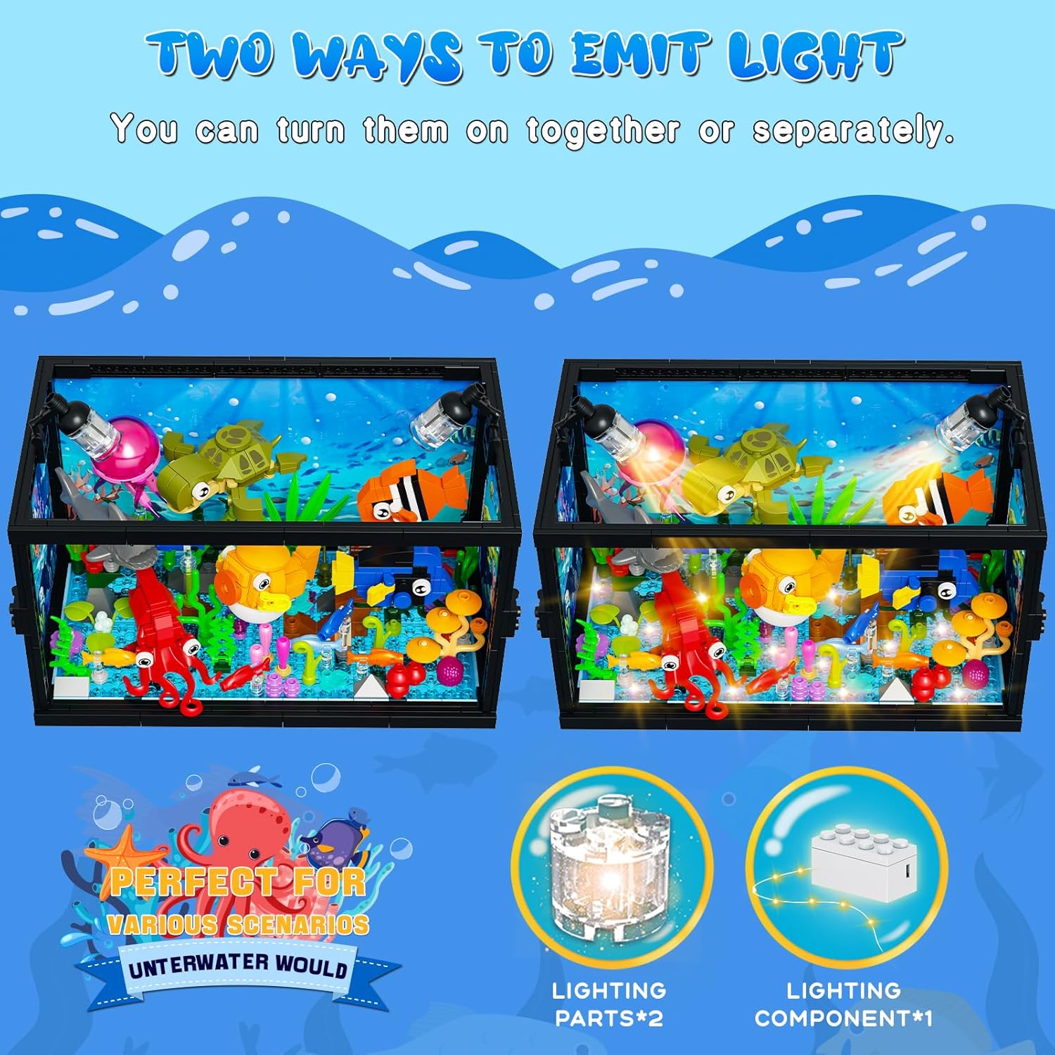 8 in 1 Aquarium Building Sets with Light, Compatible with Lego Fish Tank Building Kits Including Sharks, Turtles, Octopus, Sea Animal Party Favor Toys for Boys Girls Kids Aged 8-12, 640PCS