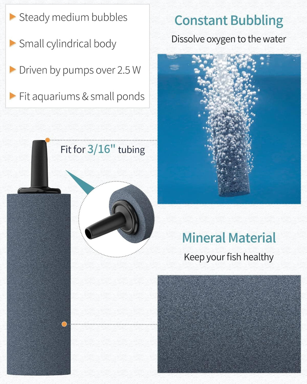 Pawfly Aquarium Air Stone Bubbler 2 Inch Cylindrical Bubble Release Tool Oxygen Diffuser for Air Pump Fish Tank Bucket Small Pond and DWC Reservoir, 10 Pack