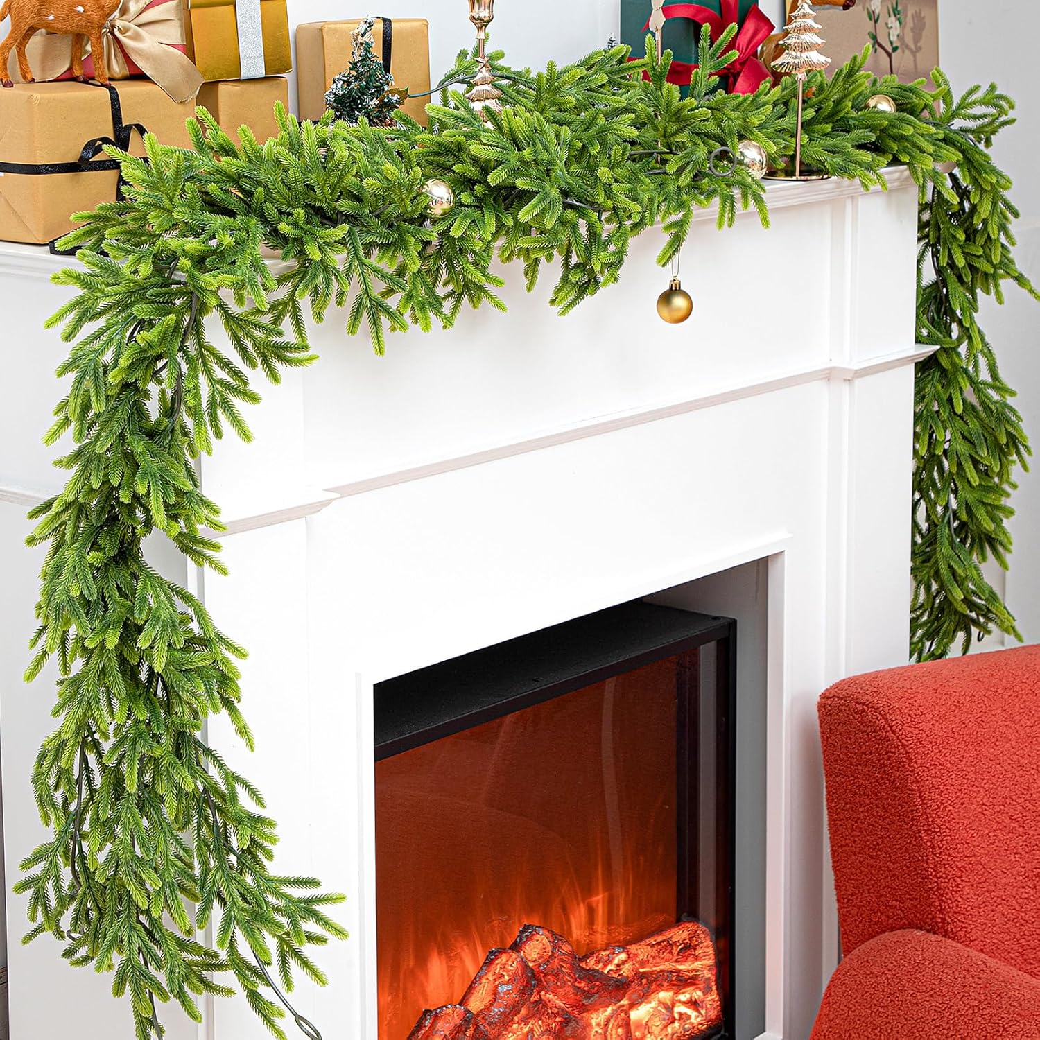 12 Pcs 5.6ft Artificial Christmas Garland Faux Norfolk Pine Garlands Realistic Leaves Hanging Greenery Plant for Christmas Table Fireplace Wall Mantle Indoor Xmas Decor