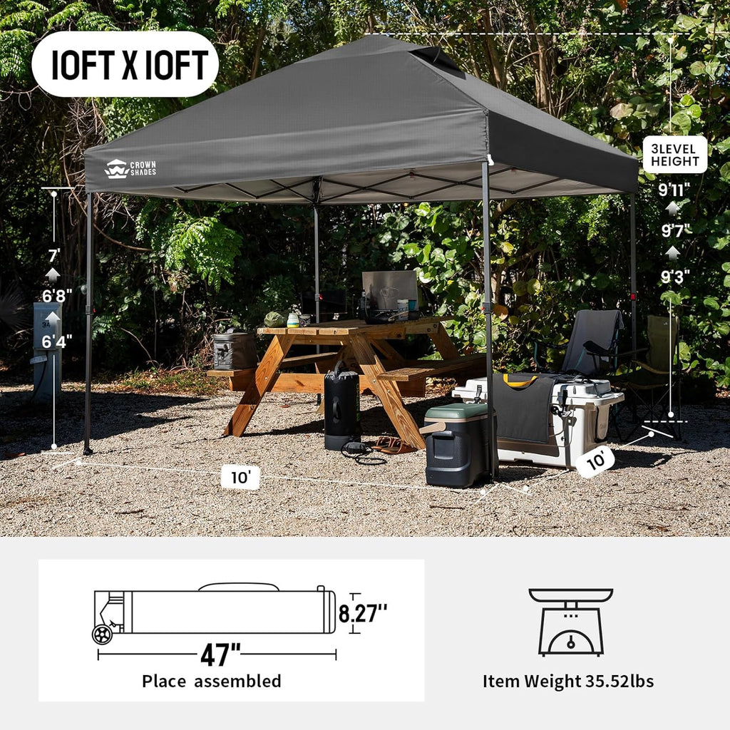 CROWN SHADES 10x10 Pop Up Canopy Tent - Patented Center Lock One Push Instant Outdoor Canopy Beach Tent with STO-N-Go Bag 8 Stakes & 4 Sand Bags，Grid Grey