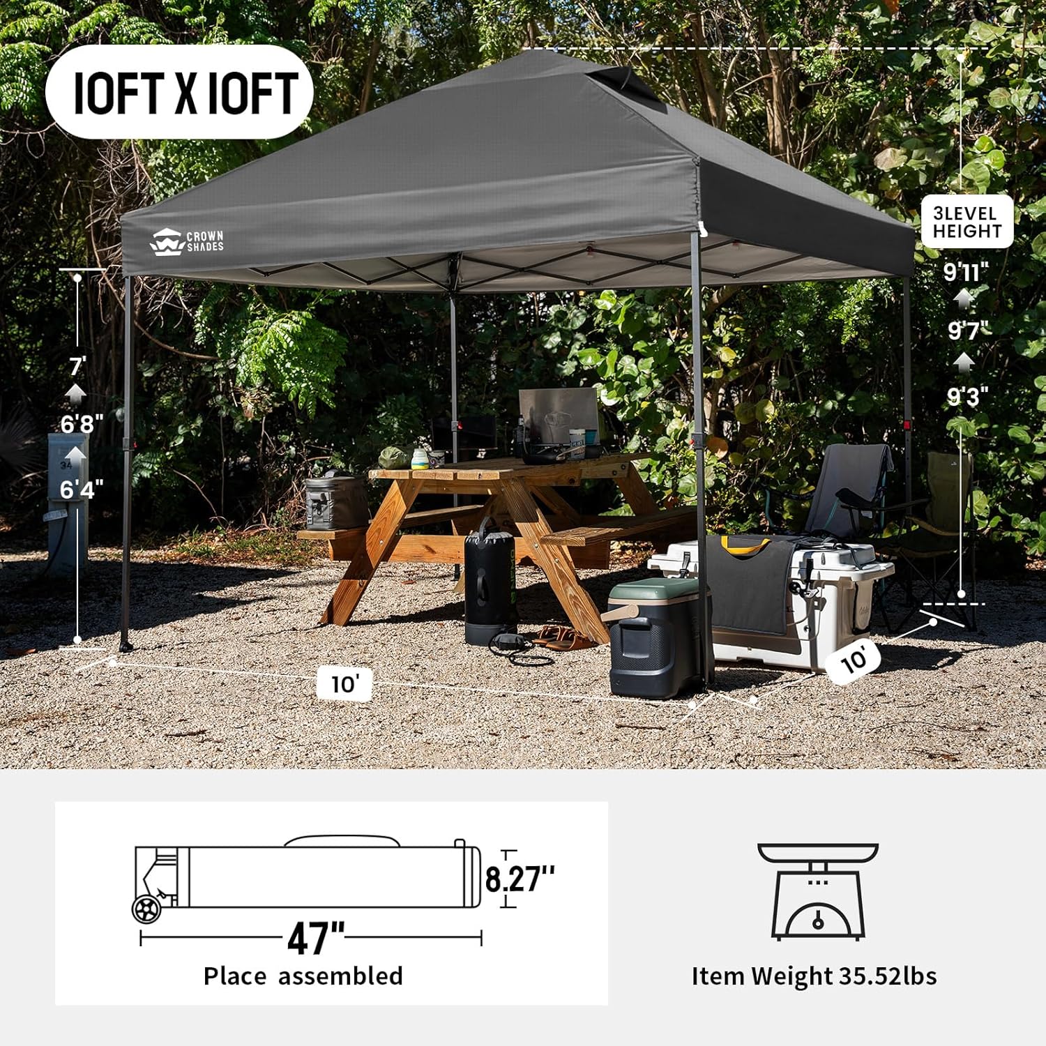 CROWN SHADES 10x10 Pop Up Canopy Tent - Patented Center Lock One Push Instant Outdoor Canopy Beach Tent with STO-N-Go Bag 8 Stakes & 4 Sand Bags，Grid Grey
