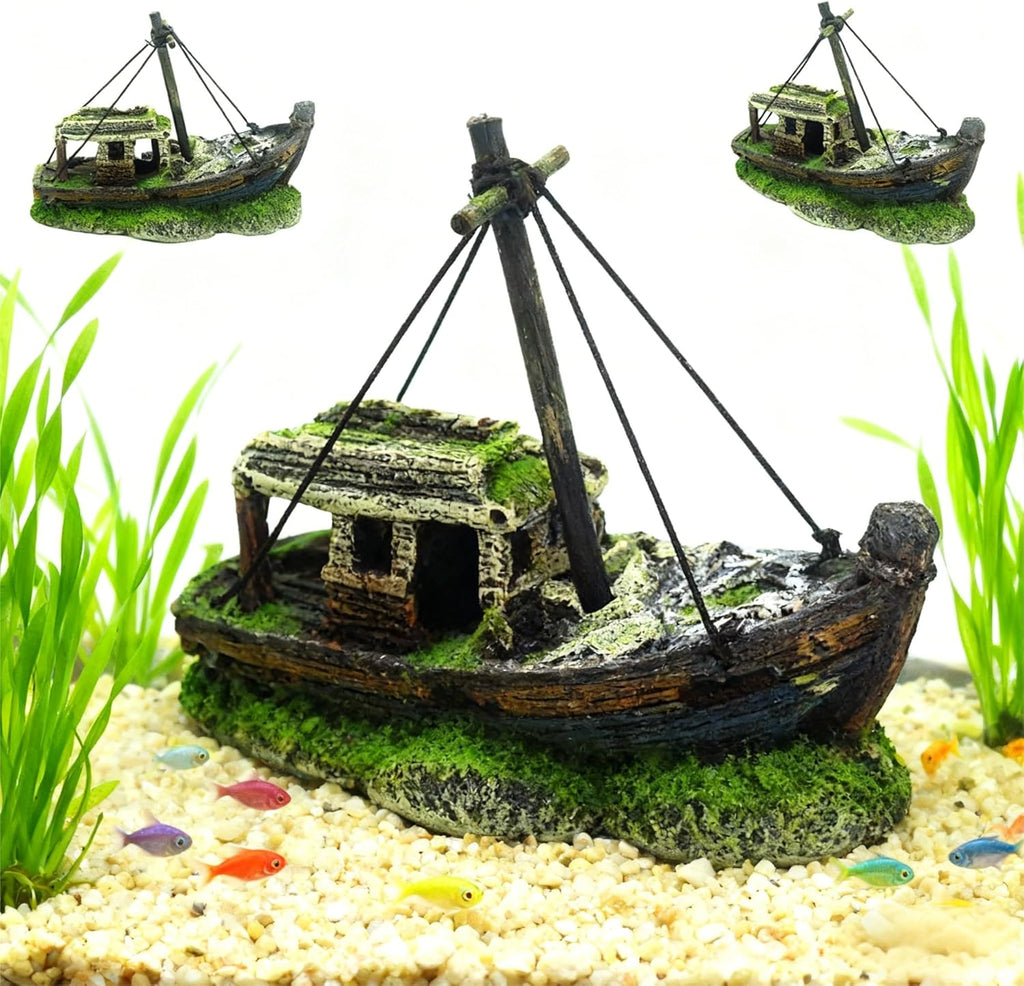 Aquarium Realistic Shipwreck Decor, Resin Sunken Ship Ornament, Perfect for Betta, Shrimp, Reptiles & Tank Landscaping