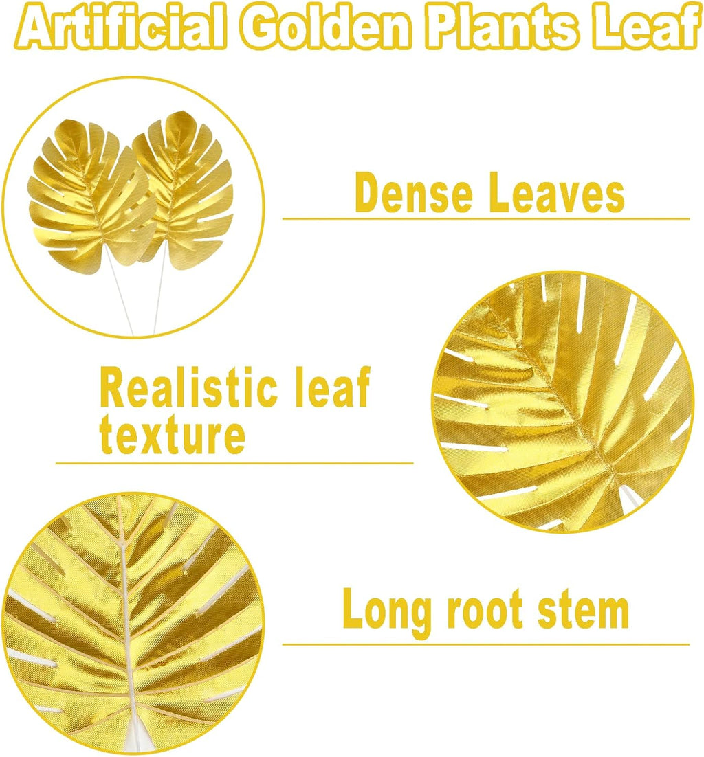 KIMOBER 24PCS Artificial Gold Palm Leaves, Golden Faux Tropical Monstera Leaves Realistic Artificial Plants Leaf for Home Hawaiian Luau Party Jungle Beach Decorations