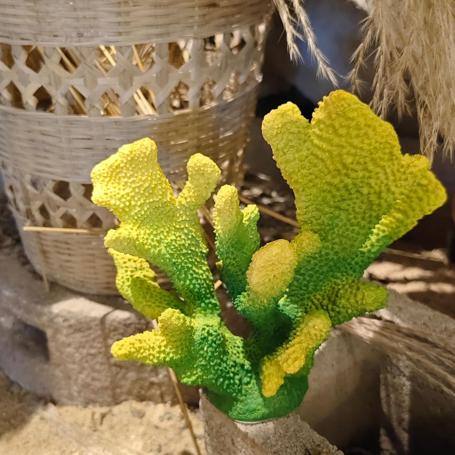 Green Yellow Coral Decor Faux Artificial Coral Reef Resin Nautical Decoration Tabletop Home Living Room Decor (7.8in Tall)