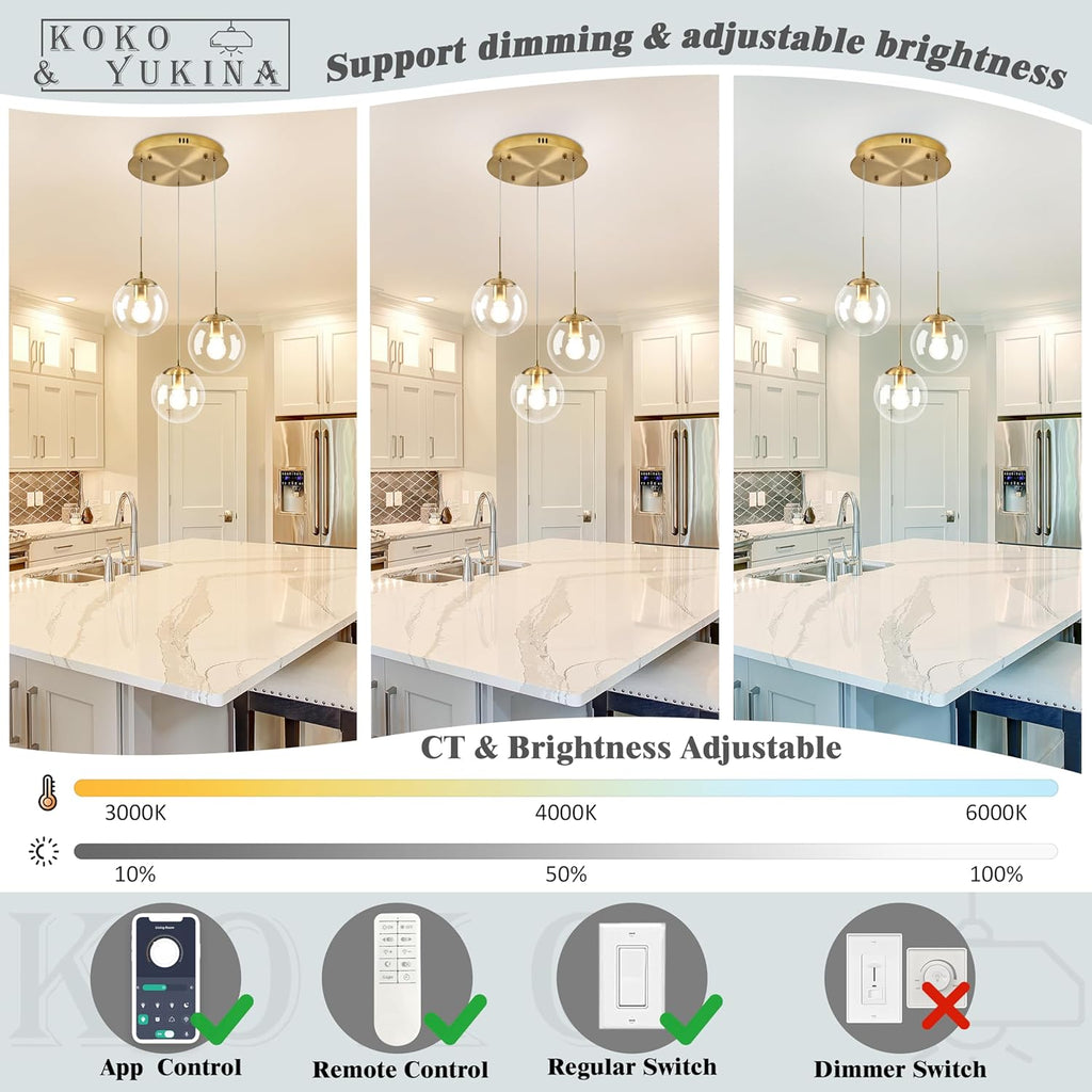 KoKo&Yukina 3-Light Globe Glass Pendant Light Modern Gold Clear Globe Glass Chandelier Adjustable Length Pendant Lights Fixtures High Ceiling Light for Kitchen Island Foyer (Bulb & Remote Incl.)