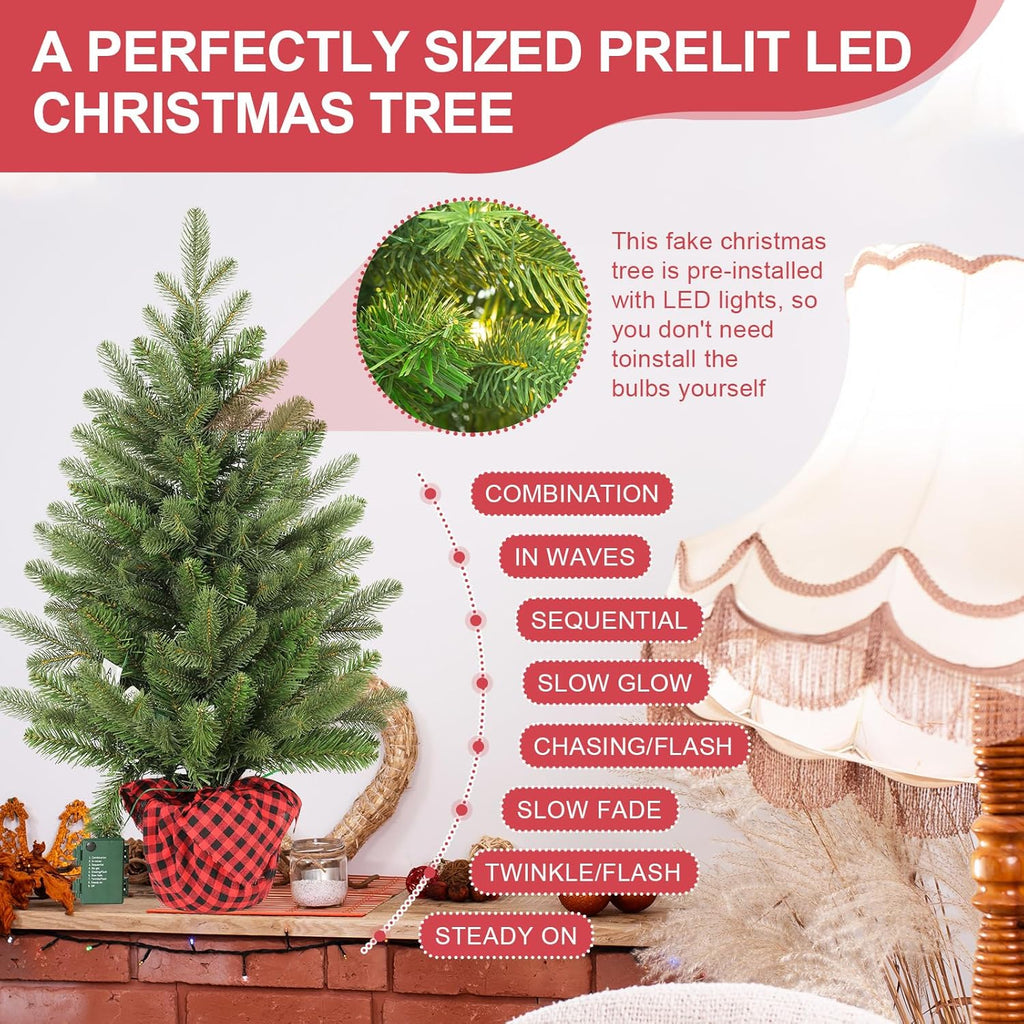 Artificial Christmas Tree 3FT Tabletop Mini Pine Tree with Red Plaid Base Small Xmas Tree for Holiday Decoration Indoor Home Office Desk Bookshelf Fireplace Front Porch Christmas Décor