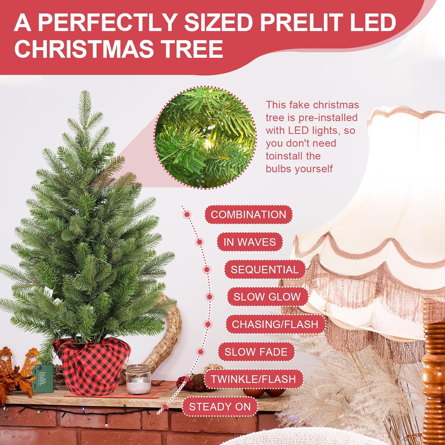 Artificial Christmas Tree 3FT Tabletop Mini Pine Tree with Red Plaid Base Small Xmas Tree for Holiday Decoration Indoor Home Office Desk Bookshelf Fireplace Front Porch Christmas Décor