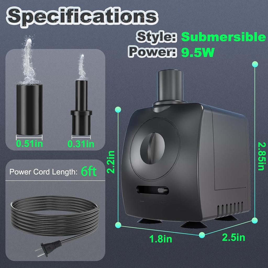 Submersible Pump 130GPH Ultra Quiet 4ft High Lift for Fountains, Hydroponics, Ponds, Aquariums & More…