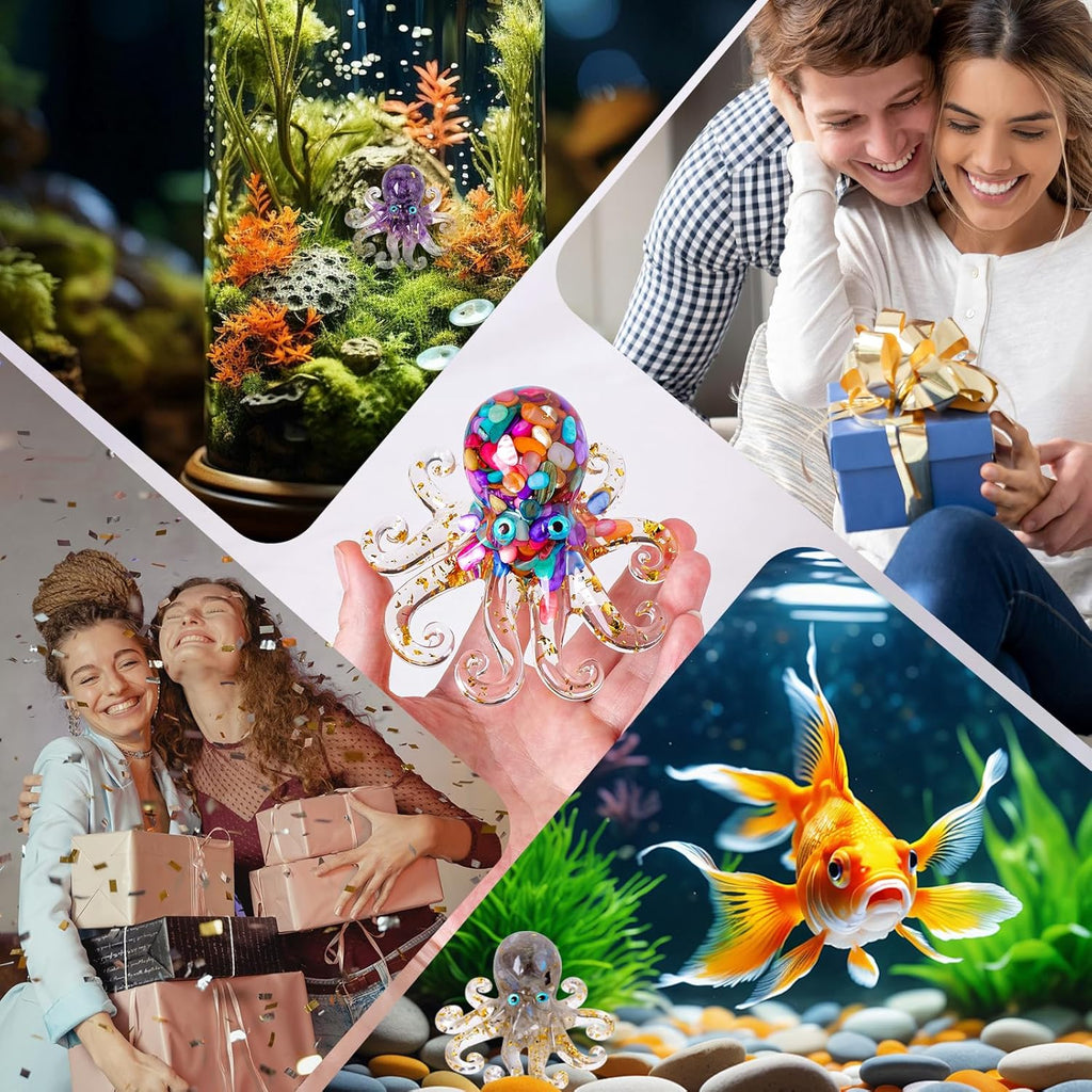 Octopus Decor Aquarium Turquoise Decorative Resin Glass with Natural Crystal Stone Marine Animals Fish Tank Ornaments Statue Healing Home Decor Ladies Gift 3.93"