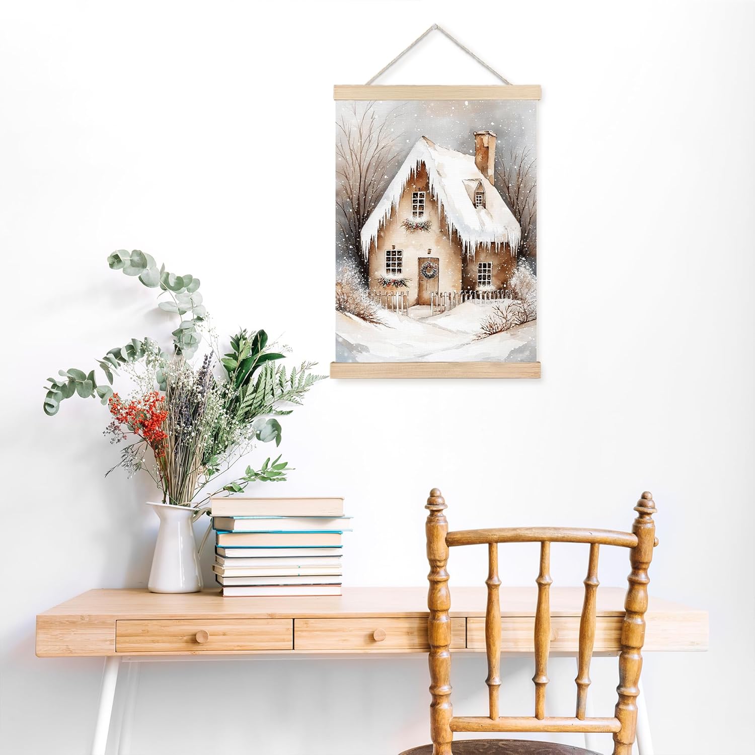 FDHSPAAM Neutral Christmas Cottage Wall Art Decor, Vintage Christmas Decor, Cozy Winter Rustic Snow Covered Houses Wall Art Posters for Home Bedroom Living Room, 12x16 Inch