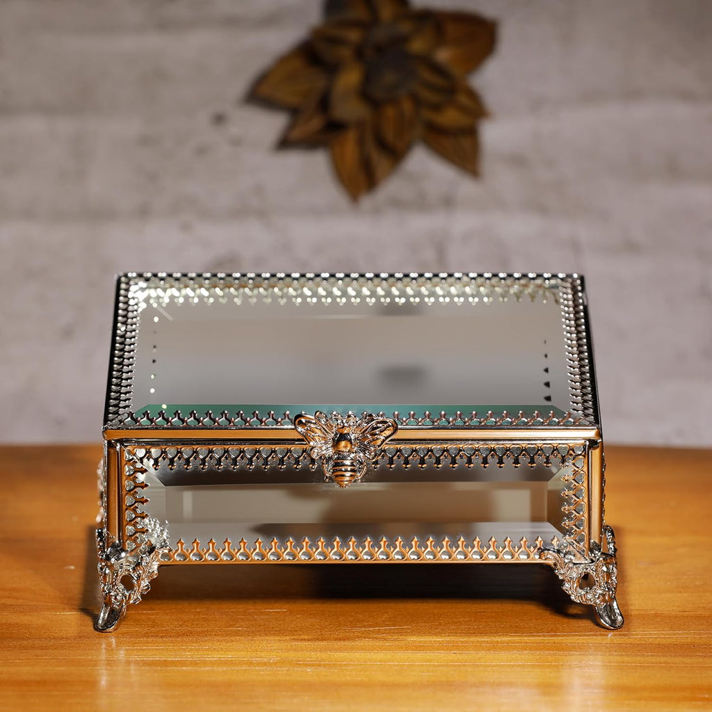 Glass Vintage Jewelry Box Keepsake storage Trinket Ring Display Box Home Decor Beveled Clear Glass Box Organizer(5.7x4.3x2.7Inches)