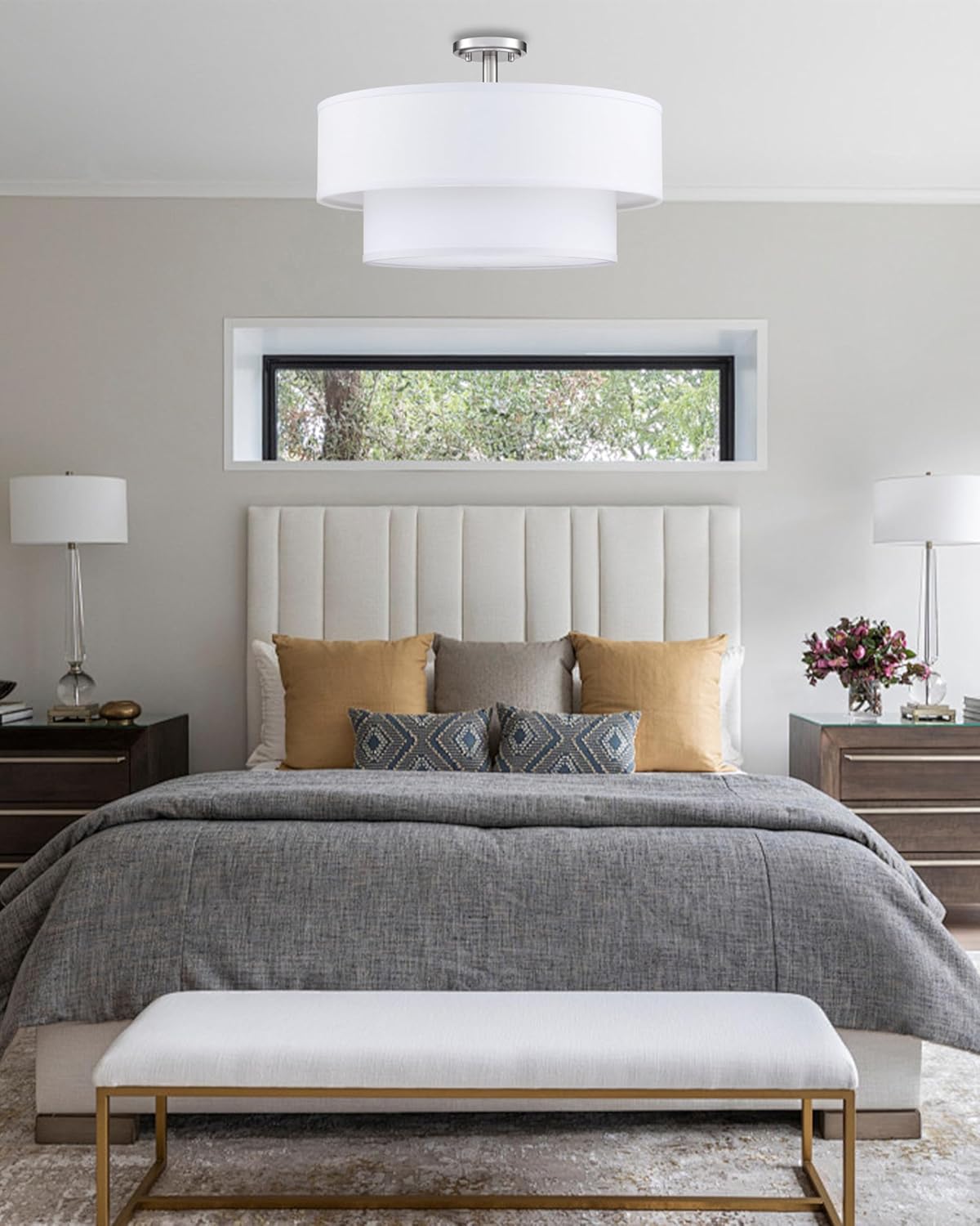 4 Light Off White Double Drum Fabric Shade Semi Flush Mount Ceiling Light,Close to Ceiling Light Fixture Brushed Nickel Finish,20 inch Semi Flush Drum Light for Bedroom,Living Room,Dining Room Hallway
