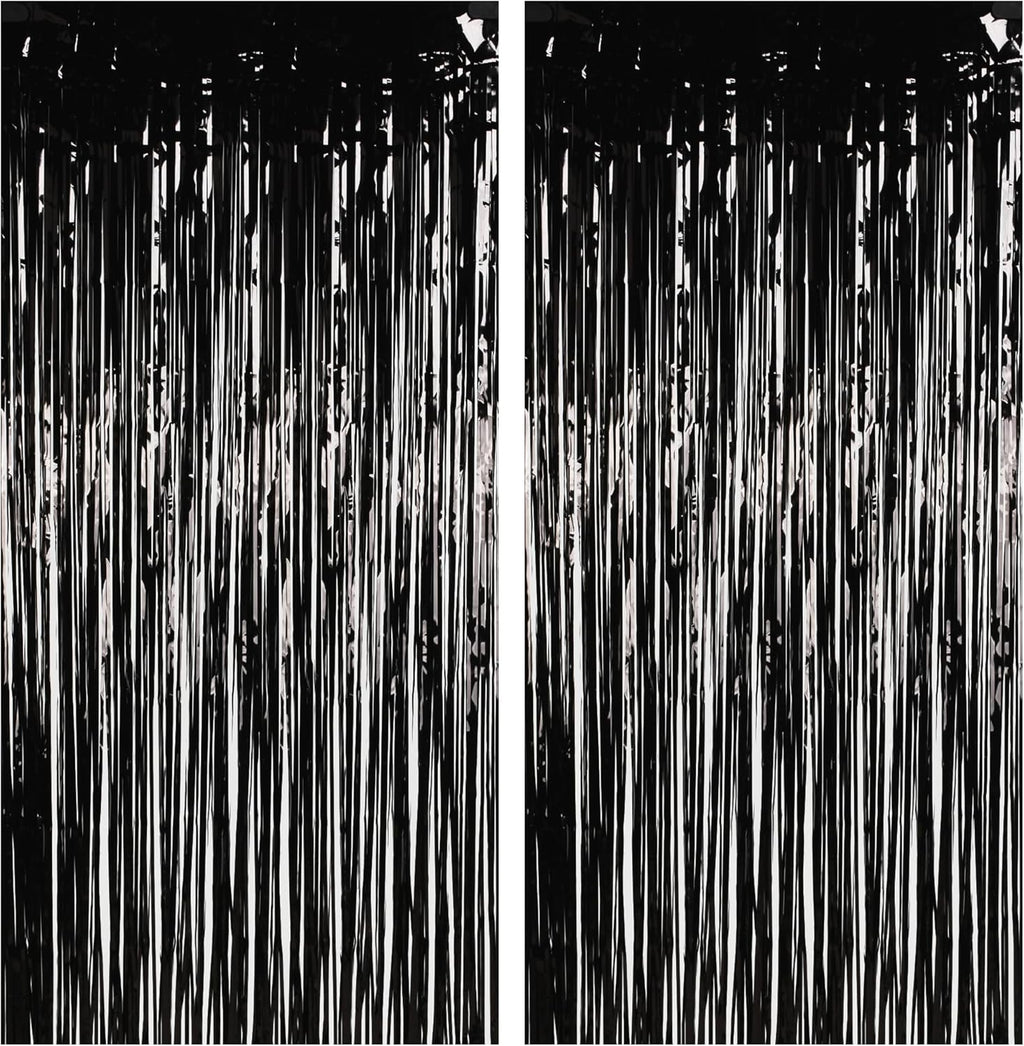Foil Fringe Curtain Halloweens Party Decorations - Pure Black Tinsel Photo Backdrop Party Steamers Curtains for Christmas/New Years/Boy/Men/Birthdays/Music/Stranger Theme/Prom/Retirement Parties