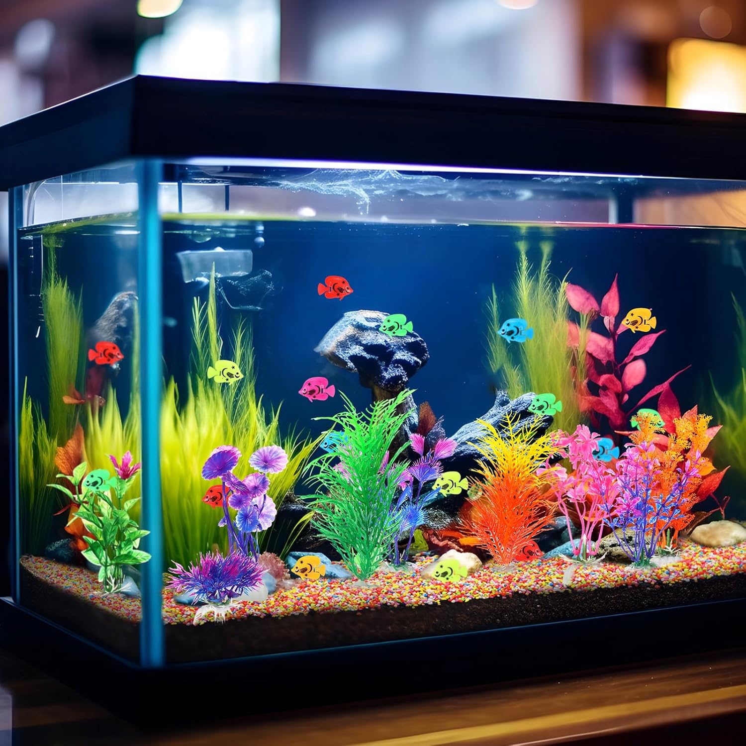 Jexine Fish Tank Accessories, 60 Pcs Floating Fake Fishes 10 Pcs Artificial Plants and 2.75 Pounds Rocks for Household Office Aquarium Tank Decorations