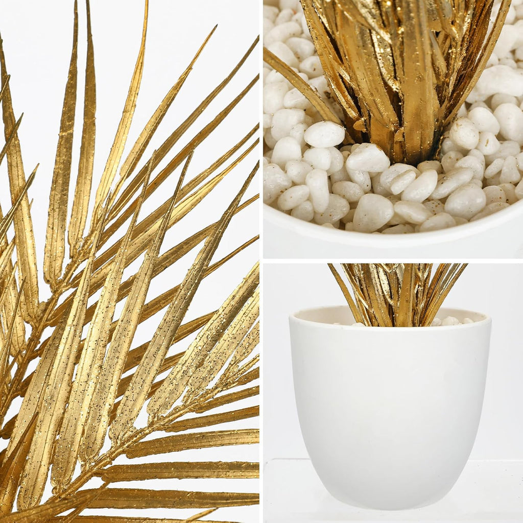 Briful 14.2" Tall Fake Plants Artificial Gold Palm Plant in White Pot – Glitter Faux Palm Leaves Table Centerpiece for Christmas Holiday Decorations, Modern Home Office Desk Decor, Living Room