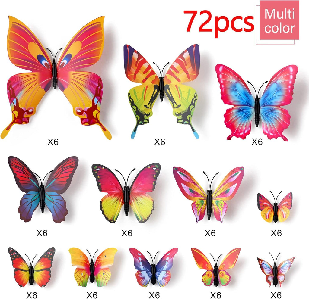 LiveGallery 72 PCS Multicolor Removable 3D DIY Beautiful Butterfly Wall Decals Colorful Butterflies Art Decor Wall Stickers Murals for Kids Baby Boy Girls Bedroom Classroom Offices (Multicolor)