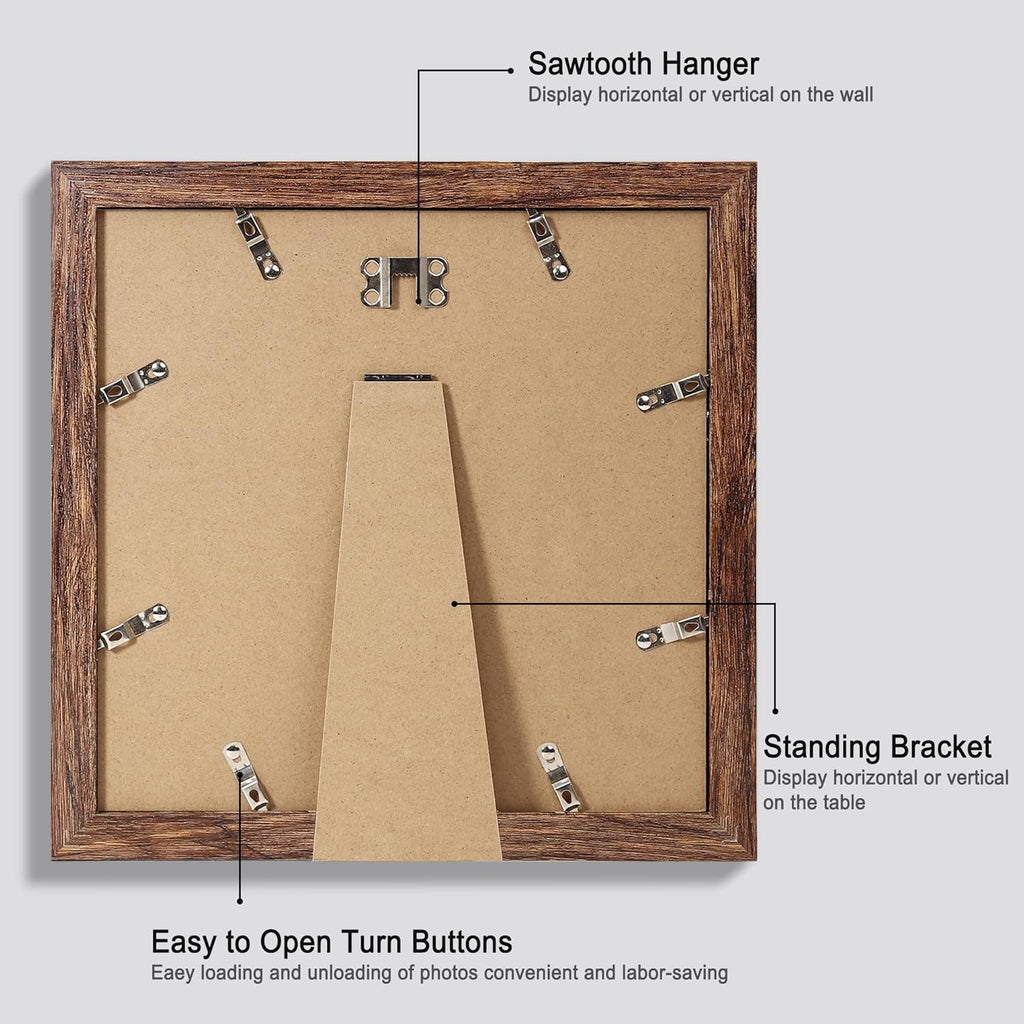 10x10 Picture Frame Set of 4, Made of Glass and Rustic Brown Wooden Frame - Display Picture 8x8 with Mat or 10 x 10 Without Mat, 10 by 10 Photo for Wall or Tabletop